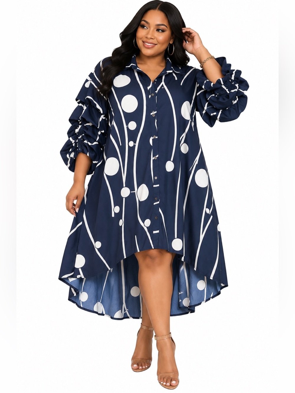 Step In Style 2X Navy White Abstract High Low Shirt Dress Pockets